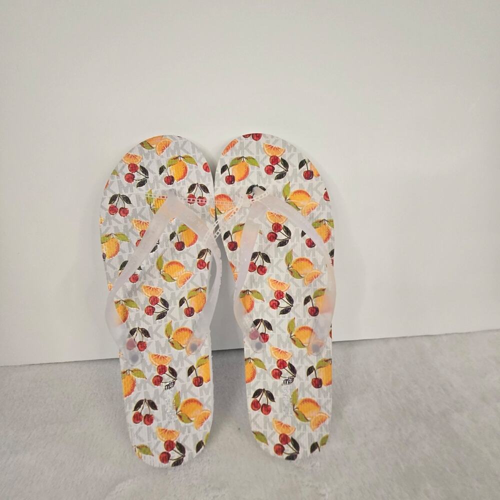 Michael Kors MK Logo Fruit Print Flip Flop Thong Sandals White Size 11